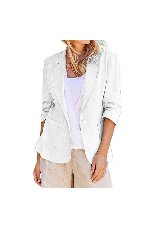 Blazer Women 3/4 Sleeve Ruched Lined Suit Stretchy Lightweight Casual Dressy Work Summer Jackets with Pockets(White,L)