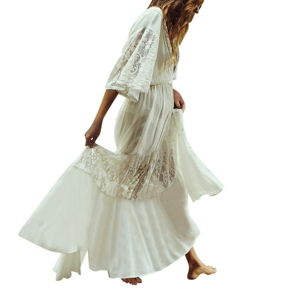Zshosam Boho Beach Wedding Gown for Women Tulle Lace Dress with Long Sleeves(White,One Size)