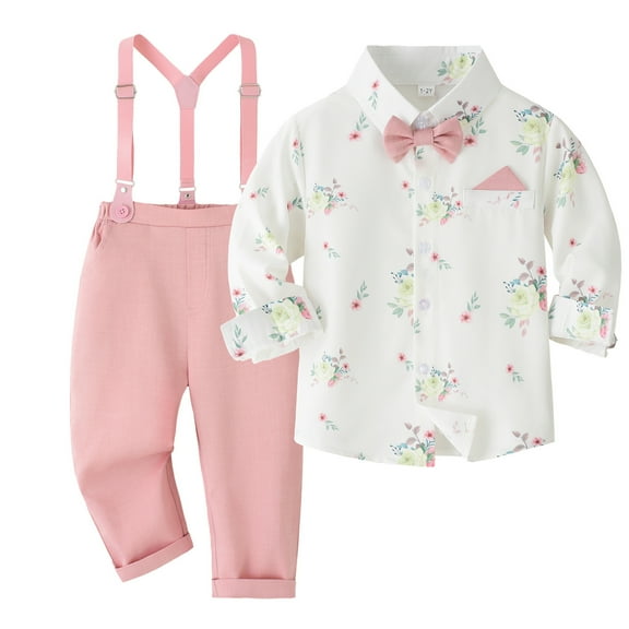 Zshosam Boys Outfit Toddler Suit Boys Baby Wedding Dress Clothes Kids Formal Outfit Set with Suspender Size 1T 2T,(Pink 1-2 Years)