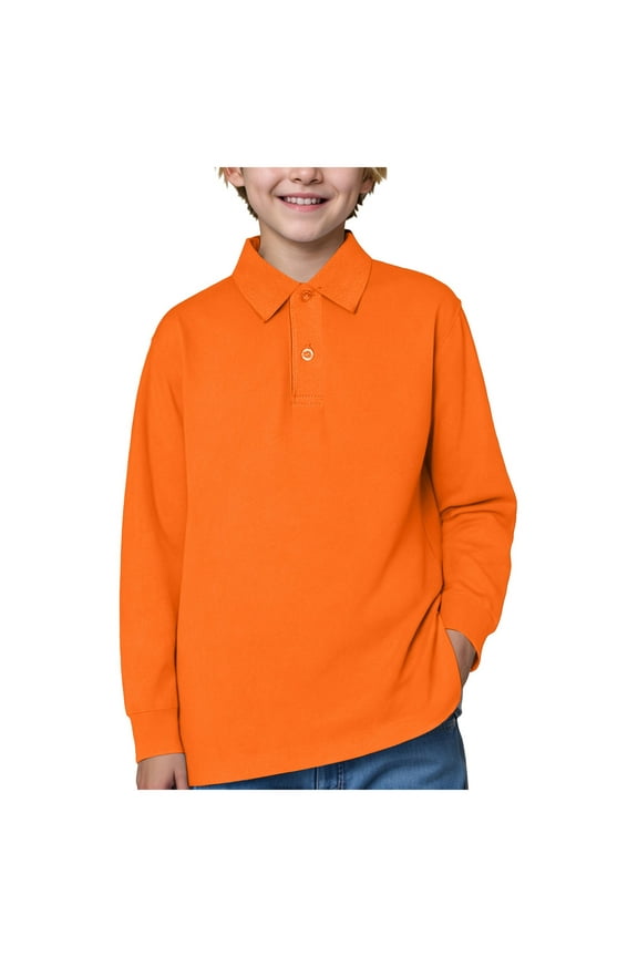 Boys' School Uniform Long Sleeve Polo Shirt, Button Closure, Comfortable, Breathable Fabric(Orange,8-9 Years)