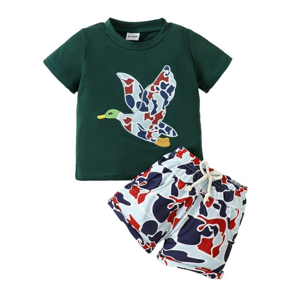 Zshosam Boys Summer Outfits Set Toddler Baby Boy Outfit Embroidery Smocked Short Sleeve T-Shirt Top Shorts Set Size 6 12 Months,(Dark Green 6-12 Months)