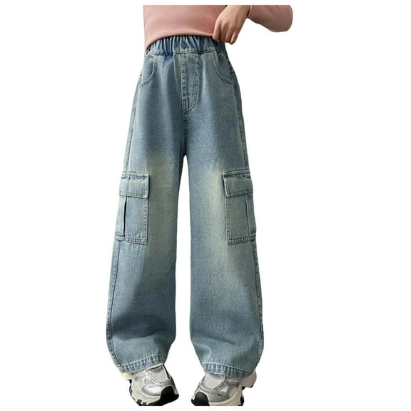 Zshosam Cargo Jeans for Girls Kid Girls Soft Flare Jeans Toddler Little Girls Casual Skinny Stretch Denim Pants Size 4T 5T,(Light Blue 4-5 Years)