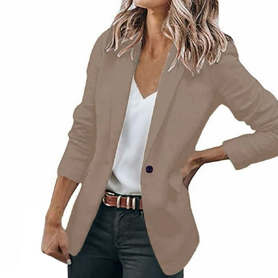 Zshosam Casual Blazer for Women Lapel Collar One Button Work Office Blazer Jackets(Khaki,XS)