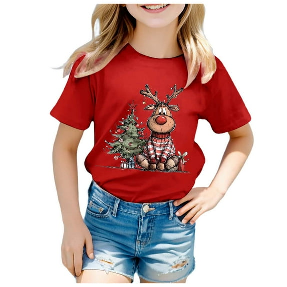 Zshosam Christmas Shirts for Kids Girls Christmas Shirts for Child Merry and Bright Christmas Tree Tshirt Short Sleeves Holiday Tops Size 5T 6T,(Red 5-6 Years)