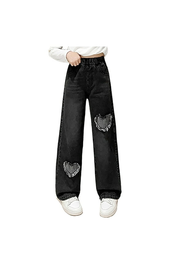 Clothes for Teen Girls Girl's High Waisted Button Wide Leg Jeans Casual Long Denim Pants with Pocket Size 6T 7T,(Black 6-7 Years)