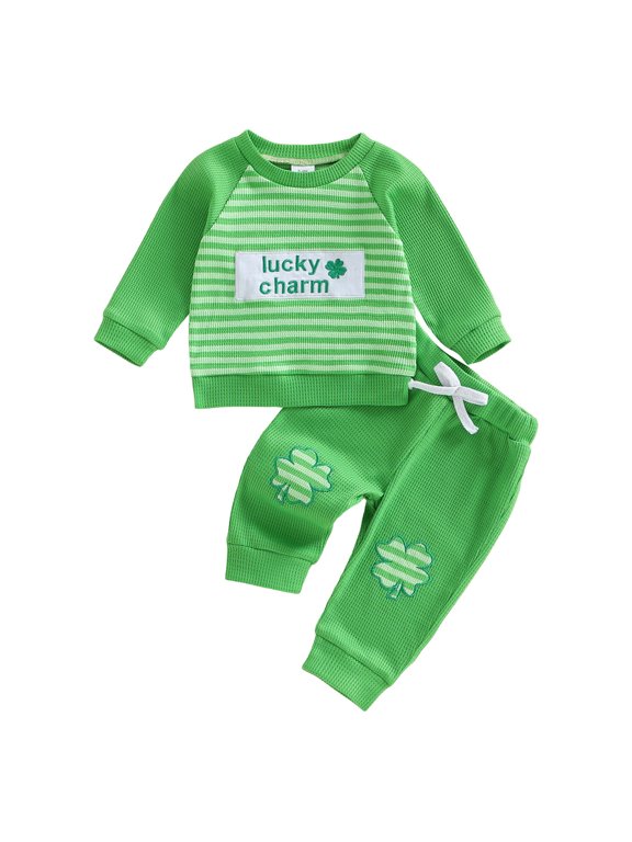 Fall St. Patrick's Day Outfits for Kids Toddler Baby Boy Fall Clothes Crew Neck Long Sleeve Sweatshirt Pants 2 Pcs St. Patrick's Day Outfits Size 18 24 Months,(Green 18-24 Months)