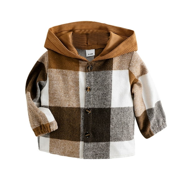 Zshosam Flannel Jacket for Girls Kids Button Down Plaid Shirt Shacket Hooded Long Sleeve Shirt Jacket Fall Winter Warm Coat Casual Outwear for Boys Girls Size 18 24 Months,(Brown 18-24 Months)