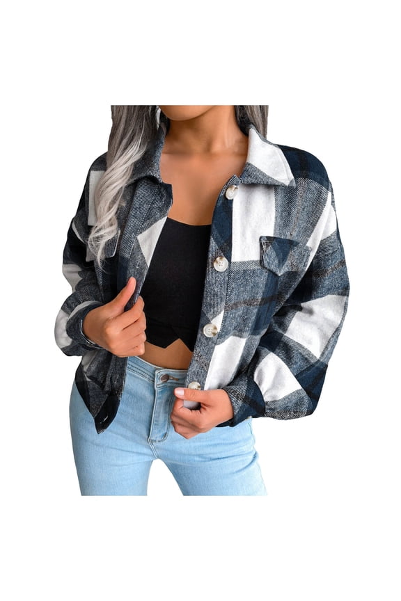 Flannels for Women Cropped Shacket Jacket Fashion Plaid Button Down Shirt 2024 Fall Coat Tops(Navy,M)