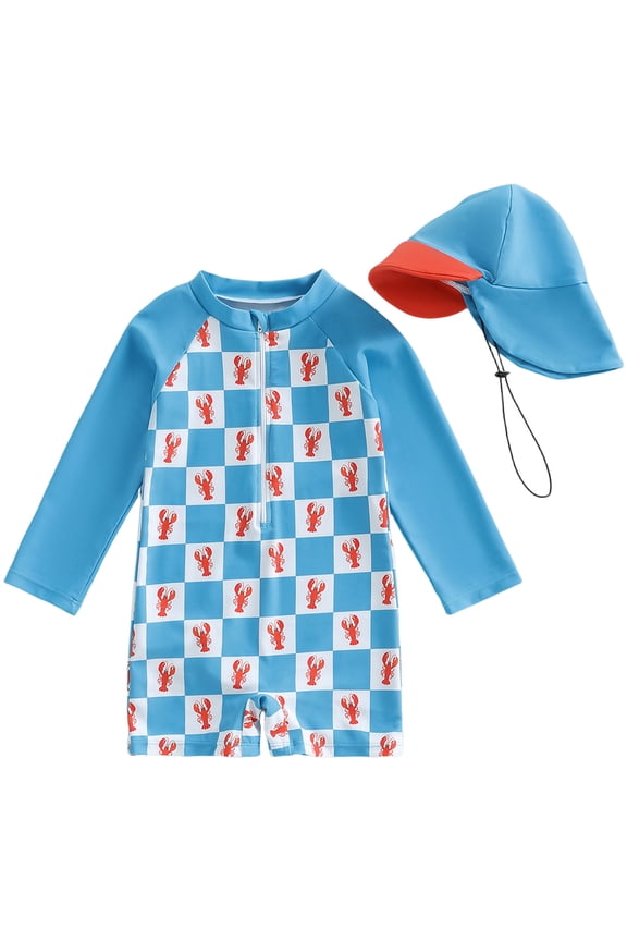 Full Body Swimsuit for Boys Infant Baby Boys Swimsuit One Piece Long Sleeve Rash Guard Zipper Bathing Suit Swimwear with Sun Cap Beachwear Size 2T 3T,(Blue 2-3 Years)