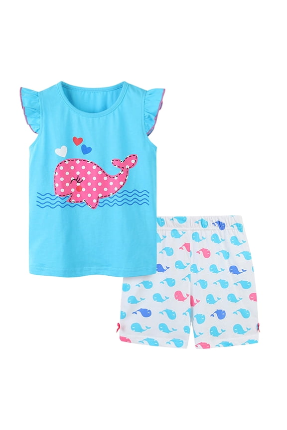 Girls 2 Piece Set Toddler Girl Clothes Baby Girls Outfits Summer Floral Print Shirt + Shorts 2pcs Baby Clothing Size 6T 7T,(Sky Blue 6-7 Years)