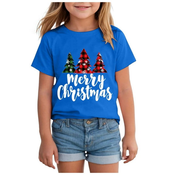 Zshosam Girls Christmas Shirt Teen Christmas Shirt Toddler Boy Girl Merry Christmas Tree Tshirt Santa Xmas Short Sleeve Tee Size 5T 6T,(Blue 5-6 Years)