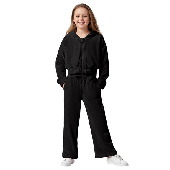 Zshosam Girls' Clothing Sets Girl's Clothing Sets Plaid 2 Piece Outfits Long Sleeve Hooded Sweatshirt and Sweatpants Kids Sweatsuits Size 11T 12T,(Black 11-12 Years)