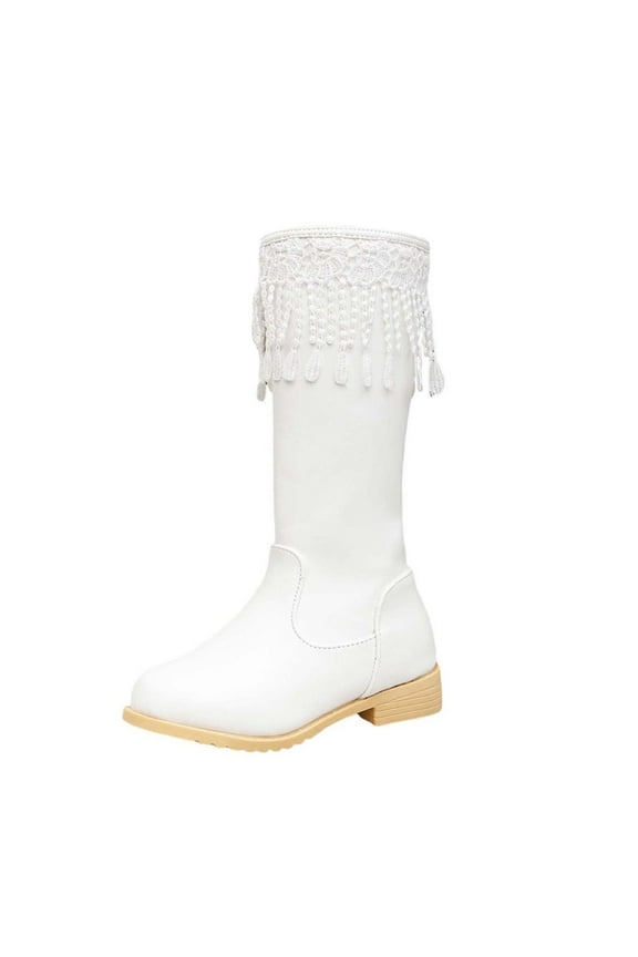 Girls Knee High Boots Girls Lace Up Riding Boots Mid Calf Combat Boots Leather Side Zipper Boot Sole Boot Size 1,(White Big Kids 1)