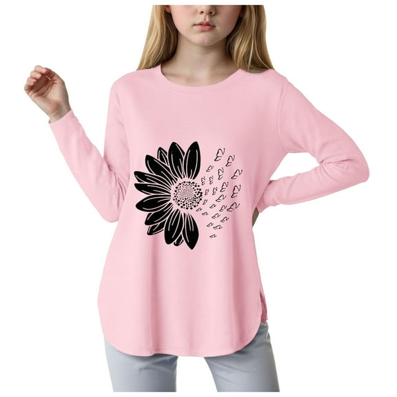 Zshosam Girls Long Sleeve Shirts for Teens Girls Long Sleeve Ruffle T-Shirts, Basic Crewneck Everyday Tops, Soft Print Tee for Kids Size 13T 14T,(Pink 13-14 Years)