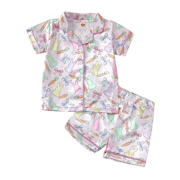 Zshosam Girls Pajama Set Girls Pajamas 2 Piece Set Summer Short Sleeved Button Down Tops Shorts Sleepwear Loungewear Sets Comfy Nightwear Size 18 24 Months,(Light Pink 18-24 Months)