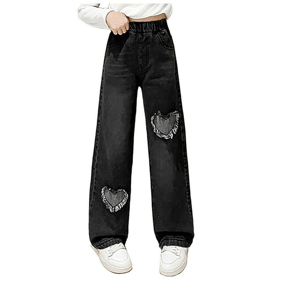 Zshosam Girls Wide Leg Jeans Baby Girl Boy Jeans,Small Kid Elastic Band Inside Ripped Denim Pants Size 4T 5T,(Black 4-5 Years)