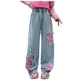 thumbnail image 1 of Zshosam Infant Jeans Girls Wide Leg Jeans Baggy Embroidery Elastic High Waist Denim Pants Streetwear Aesthetic Teen Clothes Size 11T 12T,(Blue 11-12 Years), 1 of 9