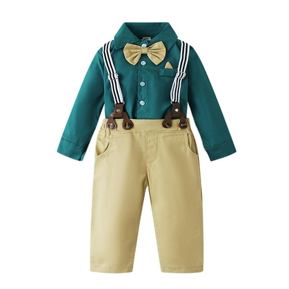 Zshosam Infant Suit Toddler Boy Suit Formal Outfit Baby Dress Clothes Kids Set, Shirt & Pants & Bow Tie & Suspender Size 18 24 Months,(Blue 18-24 Months)