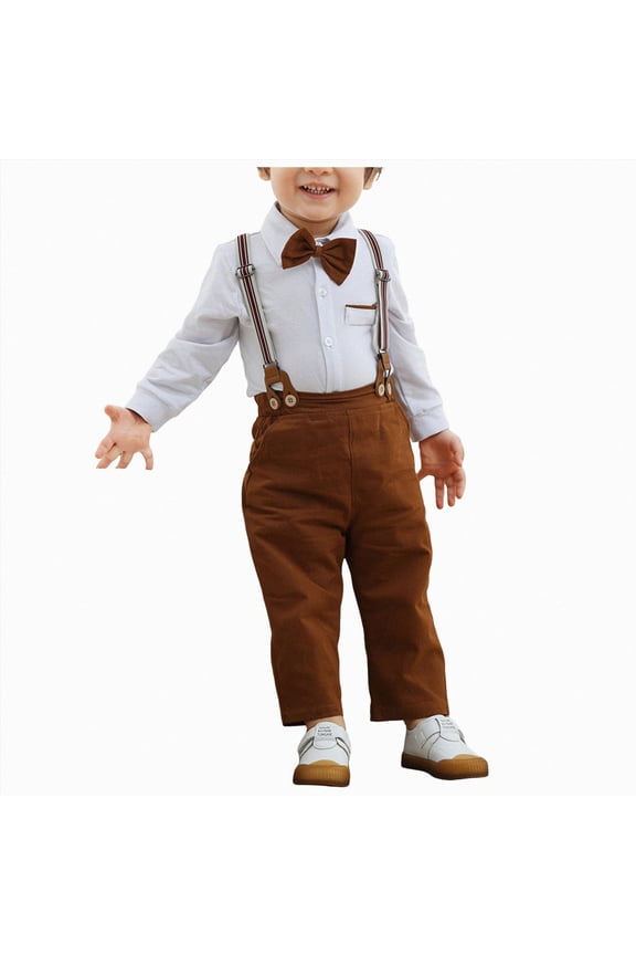 Infant Tuxedo Baby Boy Clothes Suit Newborn Infant Gentleman Outfits, Formal Dress Shirt+ Bowtie+ Suspender Pants Wedding Party Set Size 0 3 Months,(Brown 0-3 Months)