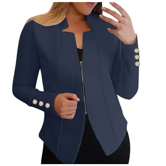 Zshosam Jackets for Women Casual Fall Winter Long Sleeve with Pockets Solid Color Coat Cold Weather Fashion(Navy,XXXXL)