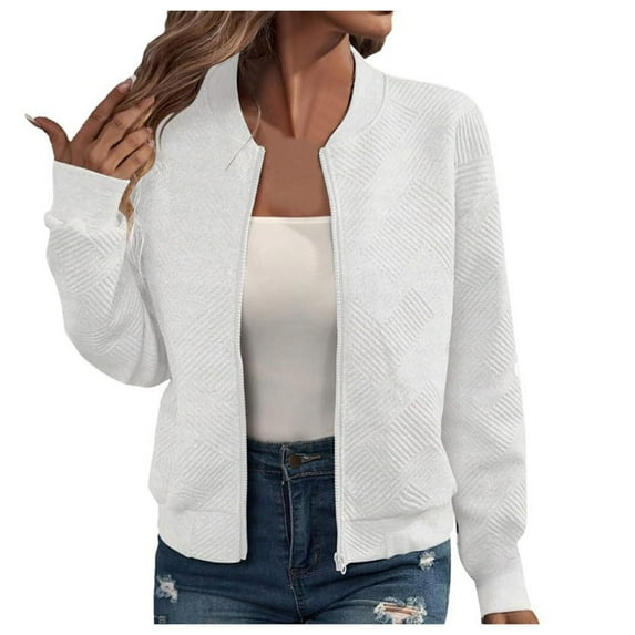 Zshosam Jackets for Women, Womens Winter Coats, Women's Fall Crew Neck Print Zip Up Short Jacket Winter Coats for Women(White,L)