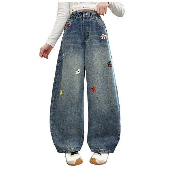 Zshosam Jean Leggings for Girls Toddler Girl's Elastic High Waist Flare Jeans Lace Up Bottom Denim Pants Size 13T 14T,(Blue 13-14 Years)