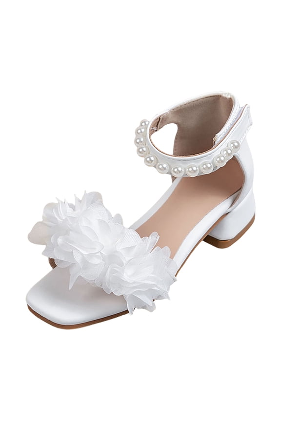 Kids Heels for Girls Flower Girl Shoes Kids High Heels Mary Jane Flats Cute Pearl Rhinestones Girls Dress Pumps Shoes for Church Wedding Party Little Big Kids Size 10,(White Little Kids 10)