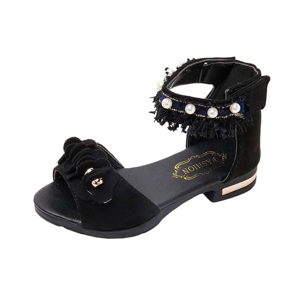 Zshosam Kids Heels Girls Sandal Heels with Removable Bow Flower Girls Dress Shoes for Little Big Kid Size 13.5,(Black Little Kids 13.5)
