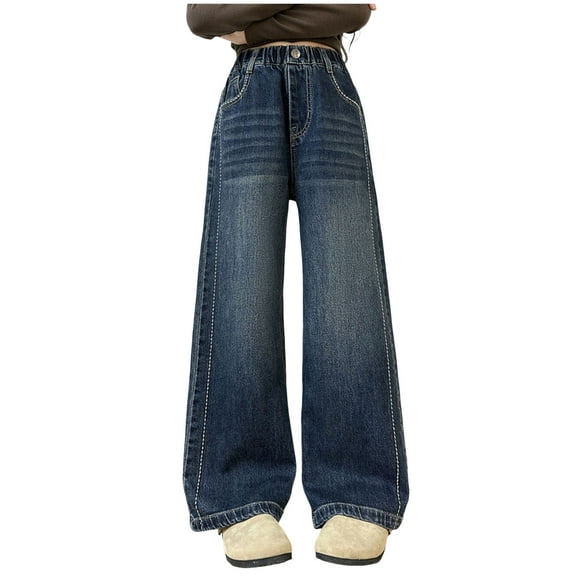 Zshosam Kids Jeans Girl's Applique Elastic High Waist Jeans Wide Leg Loose Denim Pants Size 5T 6T,(Grey 5-6 Years)