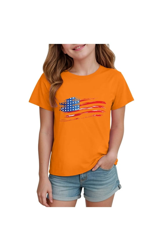 Kids Patriotic Shirt Girls 4th of July Shirts Girls, American 250th T-Shirt, USA Patriotic Flag Anniversary Tee Shirt Size 3T 4T,(Orange 3-4 Years)