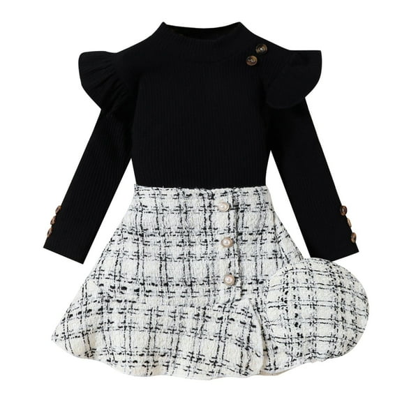 Zshosam Little Girl Fall Outfits Toddler Baby Girl Fall Winter Clothes Long Sleeve Ribbed Shirt Top Corduroy Mini Skirt Plaid A-line Dress Outfit Size 18 24 Months,(Black 18-24 Months)