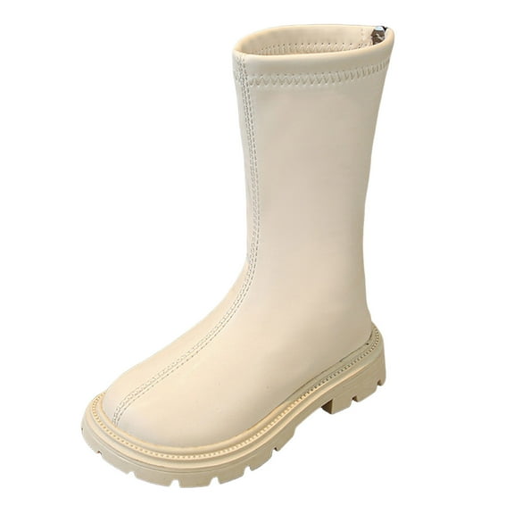 Zshosam Little Girls Cowgirl Boots Girls Lace Up Riding Boots Mid Calf Combat Boots, Leather Side Zipper Boots for Kids Size 9.5,(Beige Toddler 9.5)