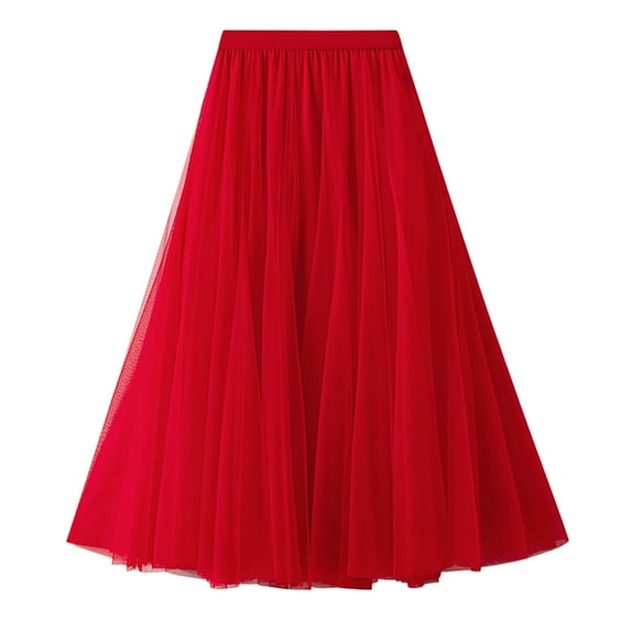 Zshosam Long Maxi Tulle Skirts for Women Pleated Petticoat Swing Midi Skirt( Red,One Size)