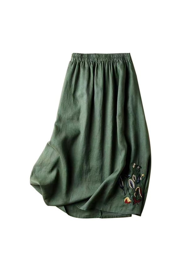 Long Skirts for Women Trendy Cotton Linen A Line Midi Skirt for Women Vintage Floral Embroidered Flowy Maxi Skirts(Green,M)