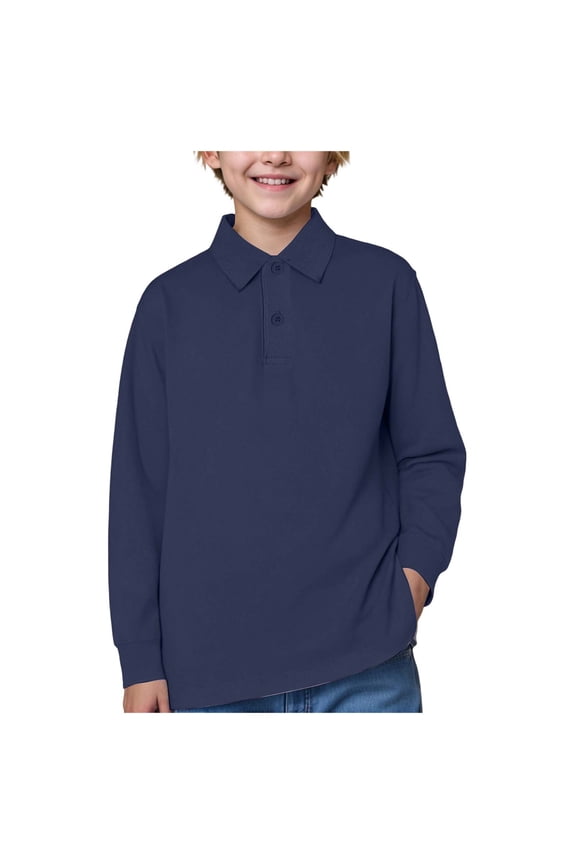 Long Sleeve Polo Shirts for Boys Toddler Boys Long Sleeve Polo Shirts School Uniform Dress Shirt Size 7T 8T,(Dark Blue 7-8 Years)