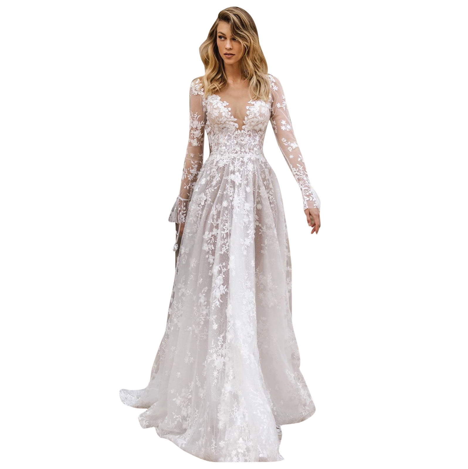 2024 a line wedding dresses Sparkly Light Ivory Beading Pearl Wedding Dresses 2024 A-Line / Princess Square Neckline Long Sleeve Backless Sweep Train Wedding
