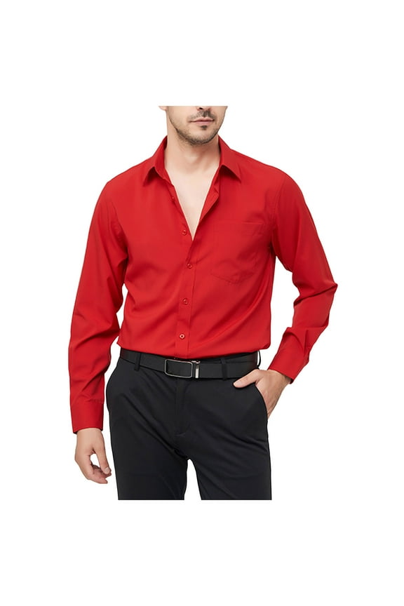 Men's Dress Shirt Regular Fit Poplin Solid(Red,XXL)