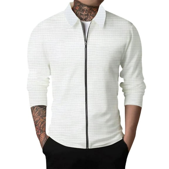 Zshosam Men's Lightweight Varsity Jacket Casual Bomber Jackets Waffle Zip Up Coat with Pocket(White,L)