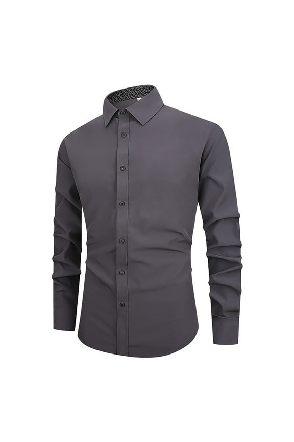 Mens Button Down Shirt Long Sleeve Dress Shirts Stretch Free Shirts(Grey,XXXXL)