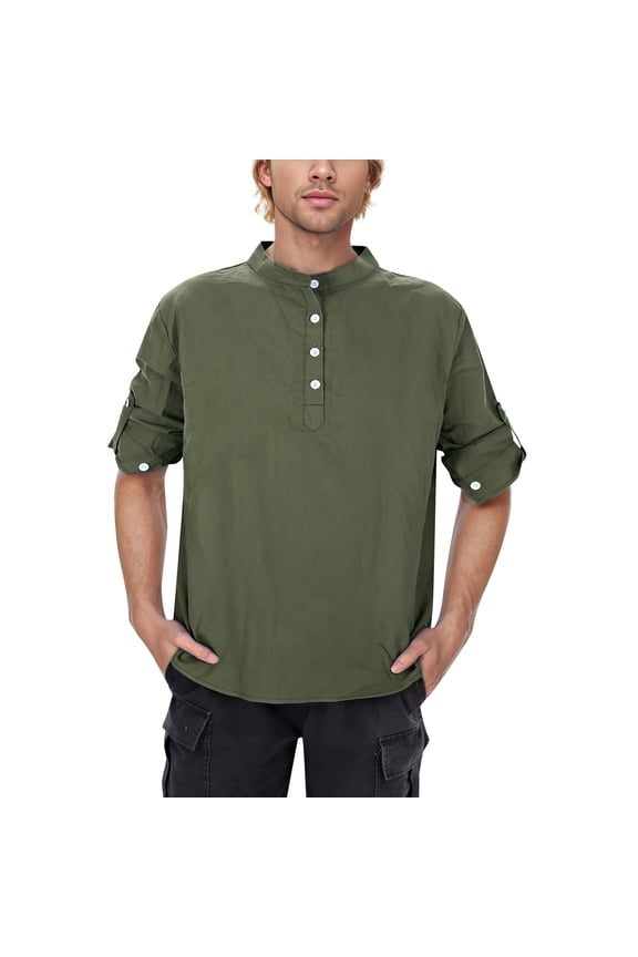 Mens Casual Long Sleeve Henleys T-Shirt Single Button Placket Plain v Neck Shirts(AG,M)