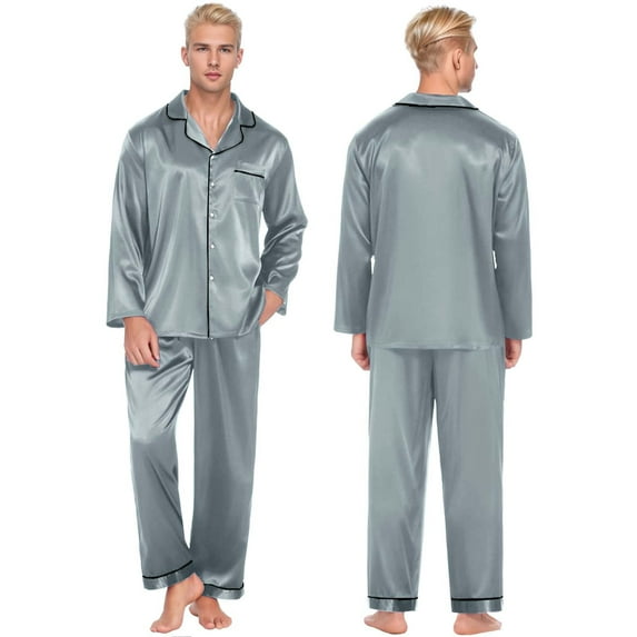 Zshosam Mens pajama sets Silk Satin Long Sleeve Sleepwear Button-Down Soft Loungewear Loose Pjs Set(Grey,S)