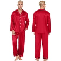 Zshosam Mens pajama sets Silk Satin Long Sleeve Sleepwear Button-Down Soft Loungewear Loose Pjs Set(Red,L)