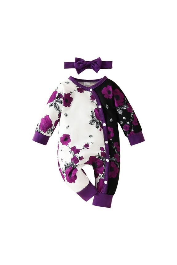 New Born Clothes Baby Girl Kids Girls Ribbed Long Sleeve Romper Round Neckline Button Closure Elegant Fall Spring Snap Romper Size 3 6 Months,(Purple 3-6 Months)