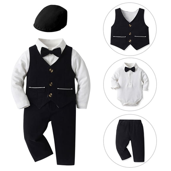 Zshosam Outfit Sets Clothes Toddler Shirt + Vest + Bow Tie + Pants + Hat Gentleman Suits(Dark Gray,18-24 Months)