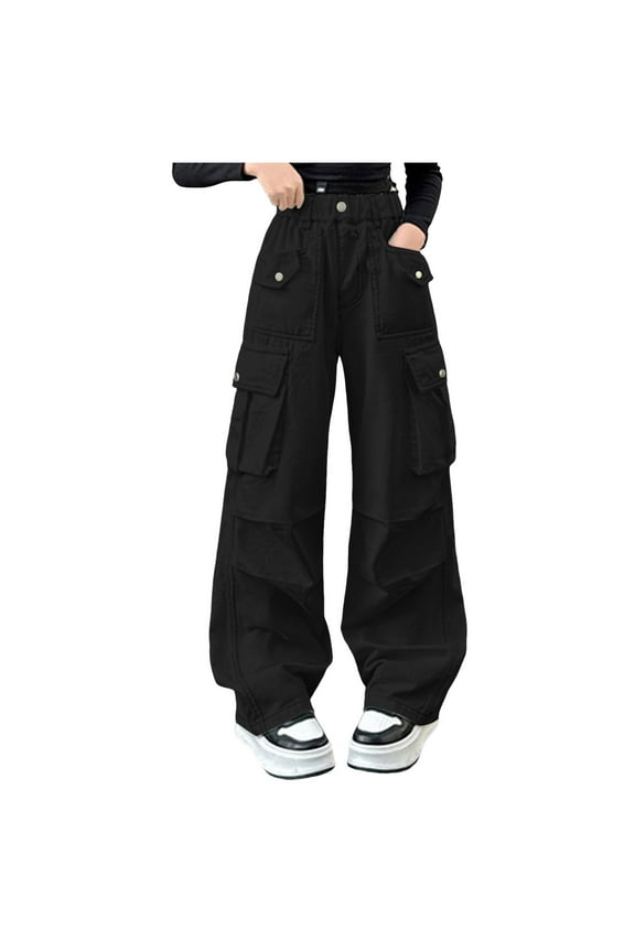 Pants for Kids 1 Pc Teenage Retro Casual Street Style Girls/Youth Casual Cargo Pants for Spring, Summer and Autumn Size 8T 9T,(Black 8-9 Years)
