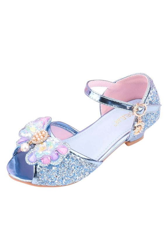 Princess Shoes Girls Dress Shoes Glitter Princess Shoe Flower Mary Jane Low Heels Party Wedding Prom Footwear (Blue,13)
