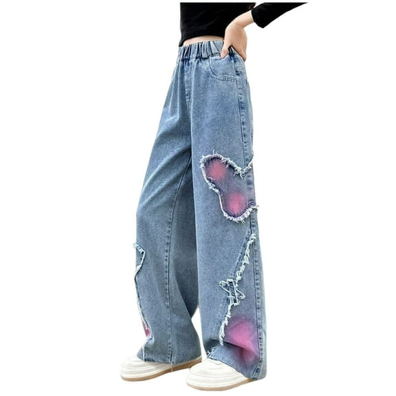 Zshosam Teen Girl Clothes Kids Girls Jeans Elastic Waist Baggy Denim Wide Leg Pants Trousers Size 5T 6T,(Blue 5-6 Years)