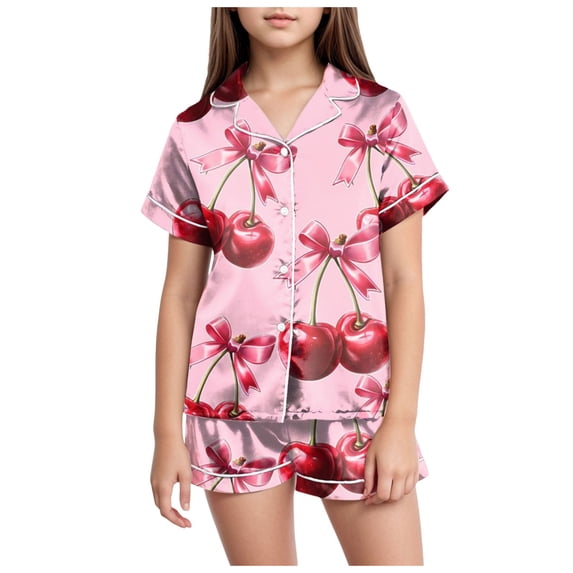 Zshosam Teen Girl Clothes Unisex Kids Boys and Girls Pajama Sets Summer Short Sleeve With Shorts Sleepwear Silky Button Down Loungewear Size 12T 13T,(Pink 12-13 Years)