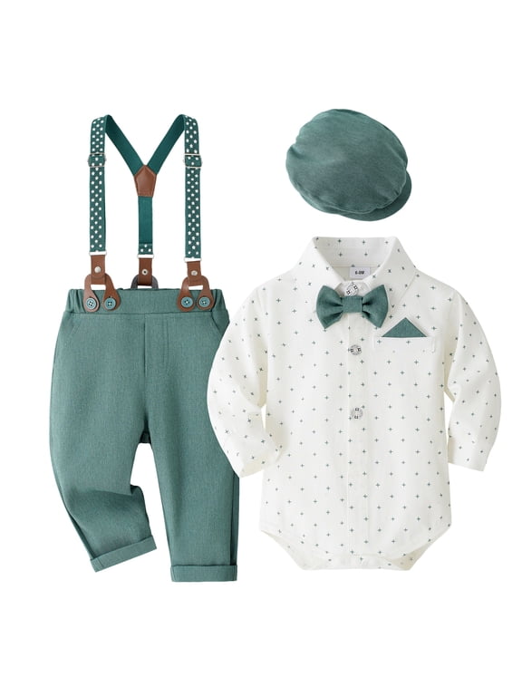 Toddler Boy Gentleman Outfit Baby Boy Clothes Suits Infant Gentleman Outfit Collared Dress Shirt Baby Suit Sets Size 9 12 Months,(Green 9-12 Months)