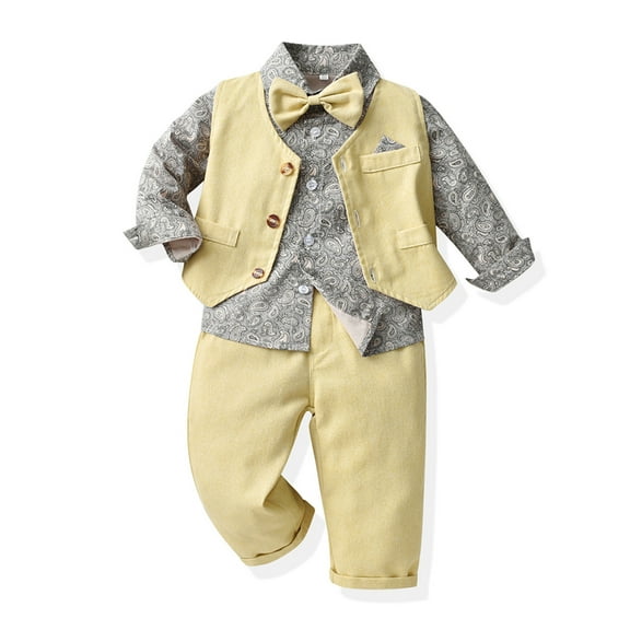 Zshosam Toddler Boy Gentleman Outfit Baby Boys Formal Wedding Ring Outfits Toddler Gentleman Bowtie Vest Suits Dress Shirt Pants Set Size 4T 5T,(Yellow 4-5 Years)